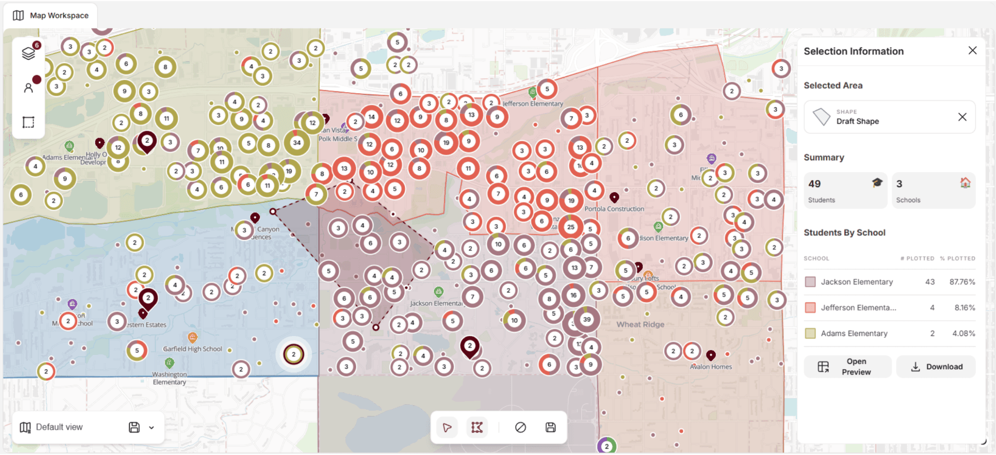 EnrollCast map workspace: a draft boundary selection with 49 students across 3 schools, broken down by school.